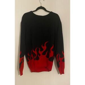 Hot Topic Black Sweater with Red Flame on Bottom & Sleeves Size Large Rock Goth